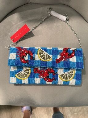 Kelly & Katie Blue Beaded Clutch with Red Lobsters & Yellow Lemons